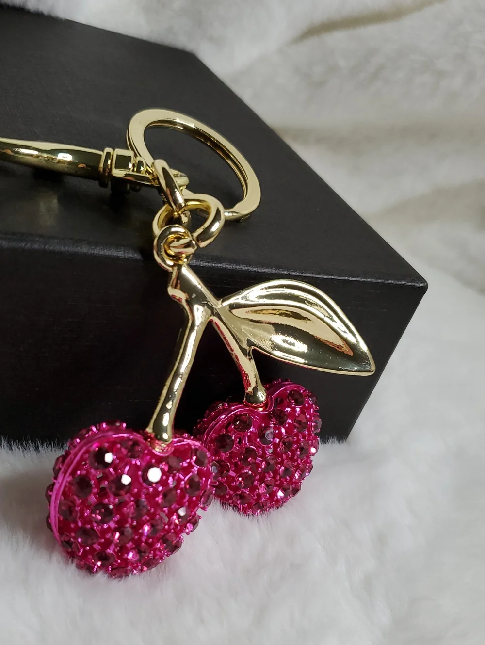 CC Boutique Gold Cherry Keychain with Hot Pink Crystal Cherries